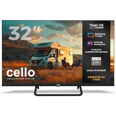 Cello CTRAV-32TZ TV LED Smart 32" sans Cadre 12V avec Tizen OS de Samsung, Gaming Hub, Haut-parleurs Pitch Perfect, HDMI, Bluetooth, Triple Tuner - Publicité Cello CTRAV-32TZ TV LED Smart 32" sans Cadre 12V avec Tizen OS de Samsung, Gaming Hub, Haut-parleurs Pitch Perfect, HDMI, Bluetooth, Triple Tuner - Publicité