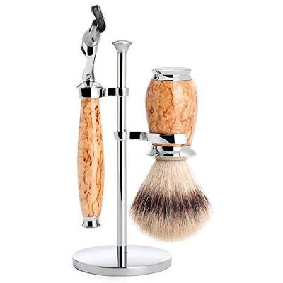 MÜHLE s31h55f Set de rasage MUHLE PURIST, 3 pièces, manche du rasoir et monture du blaireau bouleau madré - Publicité MÜHLE s31h55f Set de rasage MUHLE PURIST, 3 pièces, manche du rasoir et monture du blaireau bouleau madré - Publicité