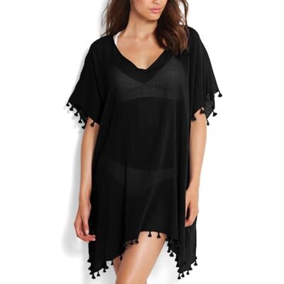 Risipu Cache Maillot de Bain Femme Robe de Plage Mousseline Sarongs en Été Plage Couvrir Sexy V-Cou Bikini Cover Up Bohème Beachwear (Noir) - Publicité Risipu Cache Maillot de Bain Femme Robe de Plage Mousseline Sarongs en Été Plage Couvrir Sexy V-Cou Bikini Cover Up Bohème Beachwear (Noir) - Publicité