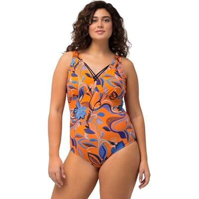 Ulla Popken Femme Grandes Tailles Maillot de Bain à Fleurs, Rubans Fantaisie et Bonnets Souples Orange Vif 62 658-60 - Publicité Ulla Popken Femme Grandes Tailles Maillot de Bain à Fleurs, Rubans Fantaisie et Bonnets Souples Orange Vif 62 658-60 - Publicité