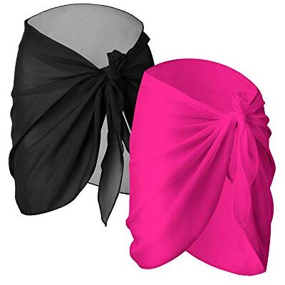 Chuangdi 2 Pièces Wrap de Plage de Femmes Sarong Couverture de Bikini Jupes Wrap pour Maillot de Bain en Mousseline (Noir et Rouge Rose, Court) - Publicité Chuangdi 2 Pièces Wrap de Plage de Femmes Sarong Couverture de Bikini Jupes Wrap pour Maillot de Bain en Mousseline (Noir et Rouge Rose, Court) - Publicité