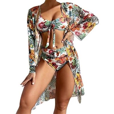 WUURAA Maillot de bain 3 pièces pour femme taille haute avec imprimé floral avec cache-kimono pour les vacances, blanc, L - Publicité WUURAA Maillot de bain 3 pièces pour femme taille haute avec imprimé floral avec cache-kimono pour les vacances, blanc, L - Publicité