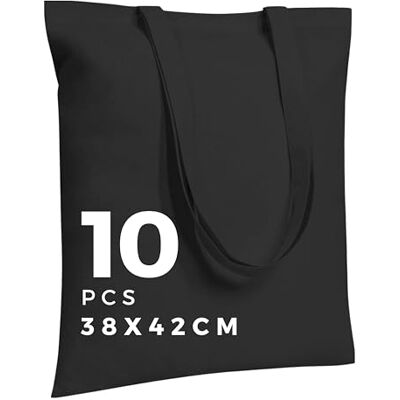 Polhim Sac Toile Coton Réutilisable Sac Fourre-tout en Tissu de Coton Lavable Vêtements de Gymnastique, Courses, Plage, Légumes... Couleur Vierge avec Poignées 38x42 cm, Lot de 10 (Noir) - Publicité Polhim Sac Toile Coton Réutilisable Sac Fourre-tout en Tissu de Coton Lavable Vêtements de Gymnastique, Courses, Plage, Légumes... Couleur Vierge avec Poignées 38x42 cm, Lot de 10 (Noir) - Publicité