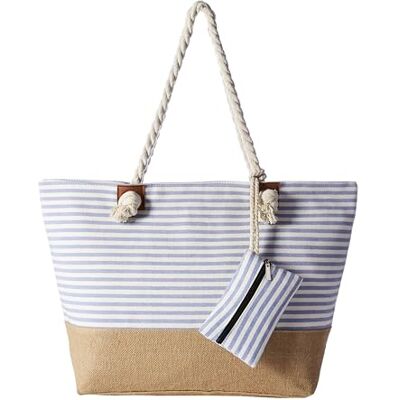 DonDon Grand sac de plage imperméable avec fermeture à glissière Sac shopping à bandoulière Rayures bleu clair - Publicité DonDon Grand sac de plage imperméable avec fermeture à glissière Sac shopping à bandoulière Rayures bleu clair - Publicité