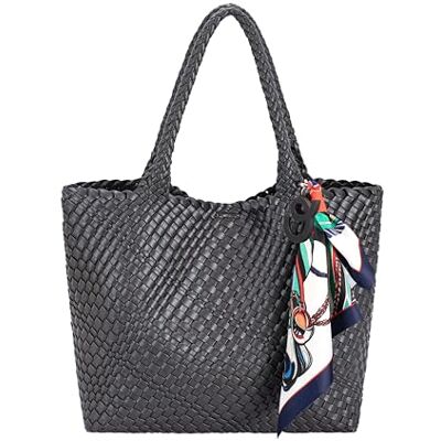 David Jones Sac femme tressé à la main, sac cabas similicuir, porté épaule ou main, sac intérieur tissu, petit moyen grand format (Noir-Grand) - Publicité David Jones Sac femme tressé à la main, sac cabas similicuir, porté épaule ou main, sac intérieur tissu, petit moyen grand format (Noir-Grand) - Publicité