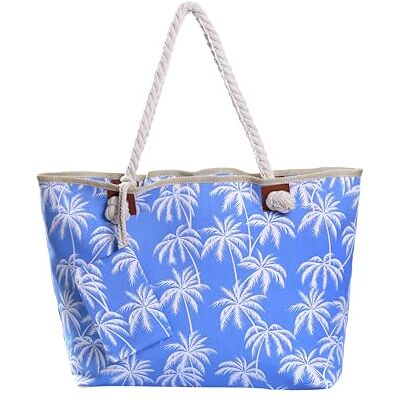 DonDon Grand sac de plage avec fermeture à glissière Sac shopping à bandoulière bleu clair avec paumes - Publicité DonDon Grand sac de plage avec fermeture à glissière Sac shopping à bandoulière bleu clair avec paumes - Publicité