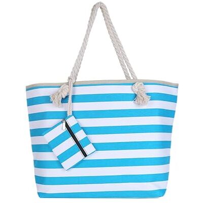 DonDon Sac de Plage Gros avec Fermeture à glissière 58 x 38 x 18 cm Style marinière à Rayures turquoises et Blanches Beach Bag - Publicité DonDon Sac de Plage Gros avec Fermeture à glissière 58 x 38 x 18 cm Style marinière à Rayures turquoises et Blanches Beach Bag - Publicité