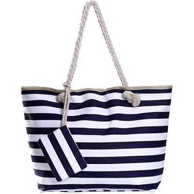 DonDon Grand sac de plage avec fermeture à glissière Sac shopping à bandoulière rayures bleu foncé et blanches - Publicité DonDon Grand sac de plage avec fermeture à glissière Sac shopping à bandoulière rayures bleu foncé et blanches - Publicité