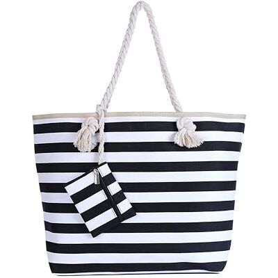 DonDon Sac de Plage Gros avec Fermeture à glissière 58 x 38 x 18 cm Style marinière à Rayures Noires et Blanches Beach Bag - Publicité DonDon Sac de Plage Gros avec Fermeture à glissière 58 x 38 x 18 cm Style marinière à Rayures Noires et Blanches Beach Bag - Publicité