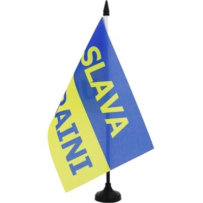AZ FLAG Drapeau de Table Ukraine Slava Ukraini 21x14 cm Socle Plastique - Publicité AZ FLAG Drapeau de Table Ukraine Slava Ukraini 21x14 cm Socle Plastique - Publicité