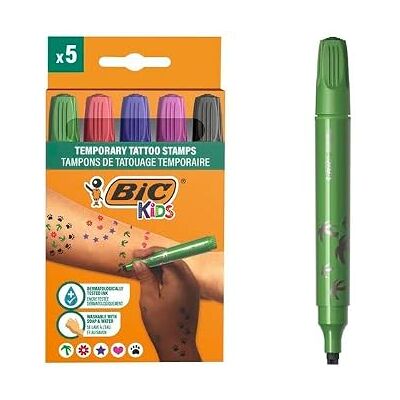 BIC Lot de 5 marqueurs pour Tatouages temporaires Kids Encre testée dermatologiquement et sans Parfum Couleurs Assorties - Publicité BIC Lot de 5 marqueurs pour Tatouages temporaires Kids Encre testée dermatologiquement et sans Parfum Couleurs Assorties - Publicité