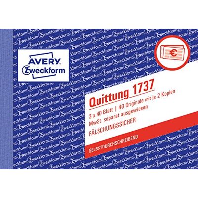 Avery Dennison Zweckform reçu TVA Présenté séparément 1ère 2ème et 3ème Page Papier Imprimé non-carbon A6 sur, 3 x 40 pages (texte allemand) - Publicité Avery Dennison Zweckform reçu TVA Présenté séparément 1ère 2ème et 3ème Page Papier Imprimé non-carbon A6 sur, 3 x 40 pages (texte allemand) - Publicité