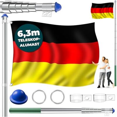 KESSER ® Hampe de drapeau télescopique en aluminium Mât de drapeau de 6,30 m avec douille au sol Support de banderole Drapeau allemand résistant aux intempéries avec mât (Silber) - Publicité KESSER ® Hampe de drapeau télescopique en aluminium Mât de drapeau de 6,30 m avec douille au sol Support de banderole Drapeau allemand résistant aux intempéries avec mât (Silber) - Publicité