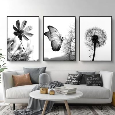 Martin Kench Lot de 3 posters esthétiques noirs et blancs, papillons, fleurs, pissenlit, tableaux muraux modernes pour salon, chambre à coucher, décoration murale - Publicité Martin Kench Lot de 3 posters esthétiques noirs et blancs, papillons, fleurs, pissenlit, tableaux muraux modernes pour salon, chambre à coucher, décoration murale - Publicité
