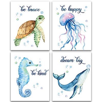 CHIEN-CHI LILI Lot de 4 impressions artistiques avec texte inspirant Texture de rêves Aquarelle Vie marine 20,3 x 25,4 cm, tortue de mer, hippocampe, poisson, baleine, méduse, thème océan bleu, décoration murale - Publicité CHIEN-CHI LILI Lot de 4 impressions artistiques avec texte inspirant Texture de rêves Aquarelle Vie marine 20,3 x 25,4 cm, tortue de mer, hippocampe, poisson, baleine, méduse, thème océan bleu, décoration murale - Publicité