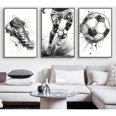Uixxducc Set de 3 images murales noir et blanc de football en toile, art moderne, poster, impression artistique, image pour salon, chambre à coucher, décoration murale sans cadre - Publicité Uixxducc Set de 3 images murales noir et blanc de football en toile, art moderne, poster, impression artistique, image pour salon, chambre à coucher, décoration murale sans cadre - Publicité