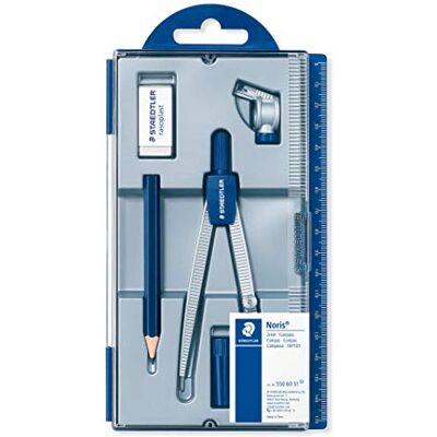 Staedtler Noris 550, Compas scolaire de précision pour l'école, Boîtier refermable pratique avec étui de mine, attache-compas universelle, gomme et crayon, 550 60 S1 - Publicité Staedtler Noris 550, Compas scolaire de précision pour l'école, Boîtier refermable pratique avec étui de mine, attache-compas universelle, gomme et crayon, 550 60 S1 - Publicité