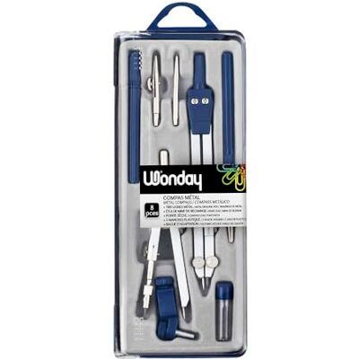 WONDAY Compas, Coffret 8 pièces Technique Ballustre avec tire-ligne + pointe sèche, 1 bague d'attache universelle, 1 manche porte tire-ligne, 1 tire-ligne métal, 1 étui de 1 mine de rechange - Publicité WONDAY Compas, Coffret 8 pièces Technique Ballustre avec tire-ligne + pointe sèche, 1 bague d'attache universelle, 1 manche porte tire-ligne, 1 tire-ligne métal, 1 étui de 1 mine de rechange - Publicité