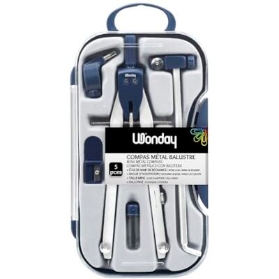 WONDAY Compas, Coffret 5 pièces Technique Ballustre avec étui de mine, rallonge, taille-mine et bague - Publicité WONDAY Compas, Coffret 5 pièces Technique Ballustre avec étui de mine, rallonge, taille-mine et bague - Publicité