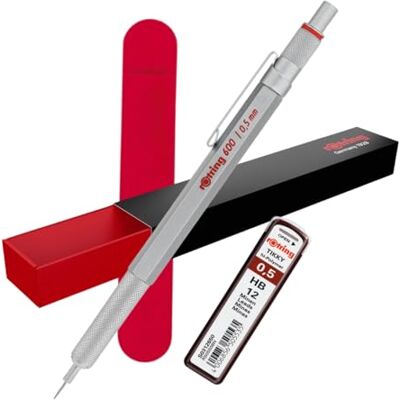 Rotring 600 porte-mines et étui en velours et 12 recharges 0,5 mm Porte-mine entièrement en métal argenté Poignée moletée antidérapante et corps hexagonal - Publicité Rotring 600 porte-mines et étui en velours et 12 recharges 0,5 mm Porte-mine entièrement en métal argenté Poignée moletée antidérapante et corps hexagonal - Publicité