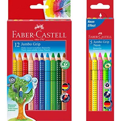 Faber-Castell Bundle 110912 Etui carton de 12 Crayons de couleur JUMBO GRIP ; avec taille-crayon et 110994 Étui 5 crayons de couleur Jumbo Grip Neon Il Étui (Bundle Fluo + 12 Multicolore, 1) - Publicité Faber-Castell Bundle 110912 Etui carton de 12 Crayons de couleur JUMBO GRIP ; avec taille-crayon et 110994 Étui 5 crayons de couleur Jumbo Grip Neon Il Étui (Bundle Fluo + 12 Multicolore, 1) - Publicité