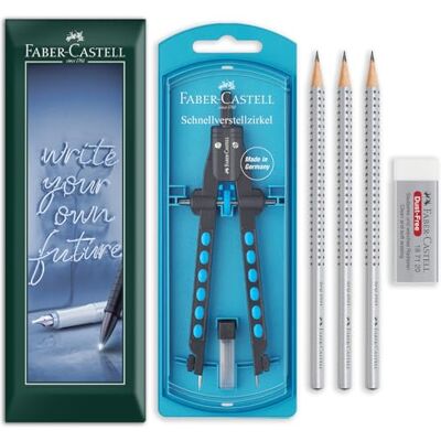 Faber-Castell Ensemble de géométrie et de dessin Boussole à réglage rapide, 3 crayons graphite HB Grip 2001 et gomme anti-poussière Mathématiques, dessin technique (Bleu perle) - Publicité Faber-Castell Ensemble de géométrie et de dessin Boussole à réglage rapide, 3 crayons graphite HB Grip 2001 et gomme anti-poussière Mathématiques, dessin technique (Bleu perle) - Publicité