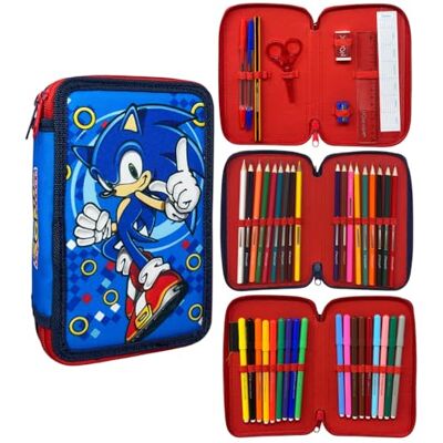 CARTOON Trousse 3 zip complet 44 pièces papeterie multi-compartiments stylos crayons couleurs marqueurs giotto pour l'école, Sonic, trousse - Publicité CARTOON Trousse 3 zip complet 44 pièces papeterie multi-compartiments stylos crayons couleurs marqueurs giotto pour l'école, Sonic, trousse - Publicité
