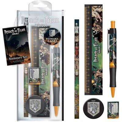 Pyramid Attack on Titan Ensemble de papeterie 5 pièces avec stylo, crayon, règle, taille-crayon et gomme, ensemble de papeterie pour filles, garçons, hommes et femmes – Produit officiel - Publicité Pyramid Attack on Titan Ensemble de papeterie 5 pièces avec stylo, crayon, règle, taille-crayon et gomme, ensemble de papeterie pour filles, garçons, hommes et femmes – Produit officiel - Publicité