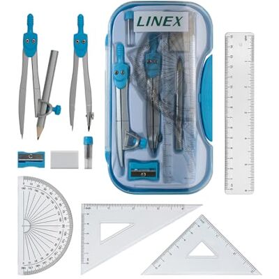 Linex Kit de géométrie mathématique avec étui transparent – Kit d'examen bleu 10 pièces comprenant boussole, rapporteur, règle, équerres et gomme - Publicité Linex Kit de géométrie mathématique avec étui transparent – Kit d'examen bleu 10 pièces comprenant boussole, rapporteur, règle, équerres et gomme - Publicité