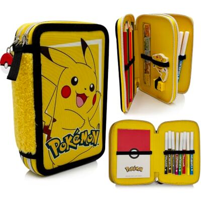 Pokémon Pikachu Plumier Double Compartiment Garni – Trousse Scolaire Complète avec Crayons de Couleur, Feutres, Carnet, Règle, Gomme et Taille-Crayon – Jaune – 19,5 x 13,5 x 4,5 cm - Publicité Pokémon Pikachu Plumier Double Compartiment Garni – Trousse Scolaire Complète avec Crayons de Couleur, Feutres, Carnet, Règle, Gomme et Taille-Crayon – Jaune – 19,5 x 13,5 x 4,5 cm - Publicité