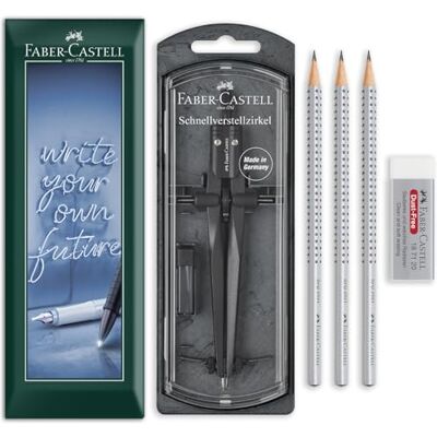 Faber-Castell Ensemble de géométrie et de dessin Boussole à réglage rapide, 3 crayons graphite HB Grip 2001 et gomme anti-poussière Mathématiques, dessin technique (Pierre noir) - Publicité Faber-Castell Ensemble de géométrie et de dessin Boussole à réglage rapide, 3 crayons graphite HB Grip 2001 et gomme anti-poussière Mathématiques, dessin technique (Pierre noir) - Publicité
