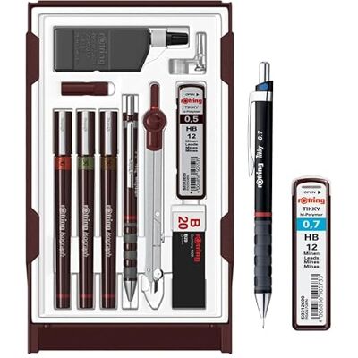 Rotring Isograph Technical Pen Master Set S0699420 3 feutres fins (0,10 mm, 0,30 mm, 0,50 mm), porte-mine (0,5 mm), compas et accessoires, ensemble de 10 pièces dans un étui Ensemble avec crayon - Publicité Rotring Isograph Technical Pen Master Set S0699420 3 feutres fins (0,10 mm, 0,30 mm, 0,50 mm), porte-mine (0,5 mm), compas et accessoires, ensemble de 10 pièces dans un étui Ensemble avec crayon - Publicité