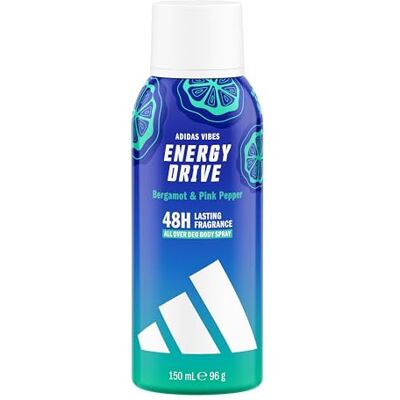 adidas Vibes Energy Drive All-Over Déodorant spray pour le corps, parfum longue tenue 48 h, avec des notes de bergamote et des huiles essentielles de poivre rose, 150 ml - Publicité adidas Vibes Energy Drive All-Over Déodorant spray pour le corps, parfum longue tenue 48 h, avec des notes de bergamote et des huiles essentielles de poivre rose, 150 ml - Publicité