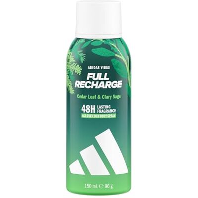 adidas Vibes Full Recharge All-Over Déodorant spray pour le corps, parfum longue tenue 48 h, avec des notes de feuille de cèdre et de sauge sclarée, 150 ml - Publicité adidas Vibes Full Recharge All-Over Déodorant spray pour le corps, parfum longue tenue 48 h, avec des notes de feuille de cèdre et de sauge sclarée, 150 ml - Publicité