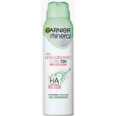 Garnier Mineral Hyaluronic Care 72h Sensitive Lot de 6 déodorants en spray anti-transpirant sans alcool enrichi en acide hyaluronique d'origine végétale et minéraux 150 ml - Publicité Garnier Mineral Hyaluronic Care 72h Sensitive Lot de 6 déodorants en spray anti-transpirant sans alcool enrichi en acide hyaluronique d'origine végétale et minéraux 150 ml - Publicité