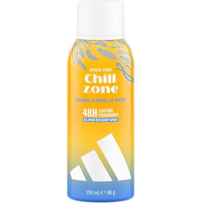 adidas Vibes Chill Zone All-Over Déodorant spray pour le corps, parfum longue tenue 48 h, avec des huiles essentielles de lavande et des notes de vanille, 150 ml - Publicité adidas Vibes Chill Zone All-Over Déodorant spray pour le corps, parfum longue tenue 48 h, avec des huiles essentielles de lavande et des notes de vanille, 150 ml - Publicité