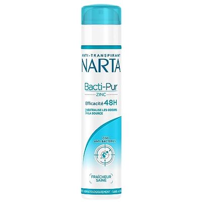Narta Bacti-Pur Déodorant Femme Spray Anti-Transpirant 48H Élimine Les Bactéries Zinc Anti-Bactérien 0% Alcool* Fraîcheur Saine 200 ml - Publicité Narta Bacti-Pur Déodorant Femme Spray Anti-Transpirant 48H Élimine Les Bactéries Zinc Anti-Bactérien 0% Alcool* Fraîcheur Saine 200 ml - Publicité
