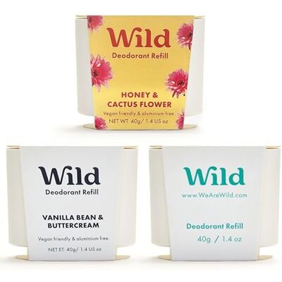 Wild Assortiment de Recharges de Déodorant Naturel sans Aluminium Comprend les parfums Honey & Cactus Flower, Vanilla Bean & Buttercream and Fresh Cotton & Sea Salt Protection Longue Durée 24 h - Publicité Wild Assortiment de Recharges de Déodorant Naturel sans Aluminium Comprend les parfums Honey & Cactus Flower, Vanilla Bean & Buttercream and Fresh Cotton & Sea Salt Protection Longue Durée 24 h - Publicité