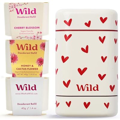 Wild Kit de Déodorant Naturel Rechargeable sans Aluminium Étui Love Heart avec Recharges Cherry Blossom, Honey & Cactus Flower, Coconut & Vanilla Protection Longue Durée 24 h Vegan - Publicité Wild Kit de Déodorant Naturel Rechargeable sans Aluminium Étui Love Heart avec Recharges Cherry Blossom, Honey & Cactus Flower, Coconut & Vanilla Protection Longue Durée 24 h Vegan - Publicité