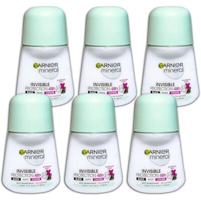 Garnier Mineral Invisible Black,White & Colors Lot de 6 flacons de 50 ml de roll-on anti-transpirants - Publicité Garnier Mineral Invisible Black,White & Colors Lot de 6 flacons de 50 ml de roll-on anti-transpirants - Publicité