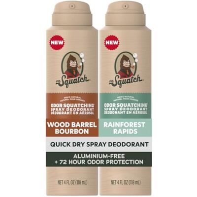 Dr. Squatch Lot de 2 sprays de déodorant pour homme Séchage rapide, sans taches Sans aluminium + testé dermatologiquement pour tous les types de peau Bourbon en bois + Rapids forestiers - Publicité Dr. Squatch Lot de 2 sprays de déodorant pour homme Séchage rapide, sans taches Sans aluminium + testé dermatologiquement pour tous les types de peau Bourbon en bois + Rapids forestiers - Publicité
