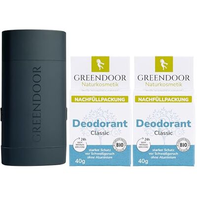 GREENDOOR Déodorant Refill System Starter Déodorant rechargeable sans aluminium Protection sûre ABS très stable dans une forme monolithique élégante Casier anthracite + 2 recharges de classic - Publicité GREENDOOR Déodorant Refill System Starter Déodorant rechargeable sans aluminium Protection sûre ABS très stable dans une forme monolithique élégante Casier anthracite + 2 recharges de classic - Publicité