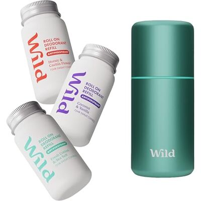 Wild Kit de Déodorant Anti-Transpirant Roll-On Rechargeable avec protection 72 heures Étui bleu aqua avec recharges Honey & Cactus Flower, Cotton & Sea Salt and Coconut & Vanilla 90% naturel - Publicité Wild Kit de Déodorant Anti-Transpirant Roll-On Rechargeable avec protection 72 heures Étui bleu aqua avec recharges Honey & Cactus Flower, Cotton & Sea Salt and Coconut & Vanilla 90% naturel - Publicité