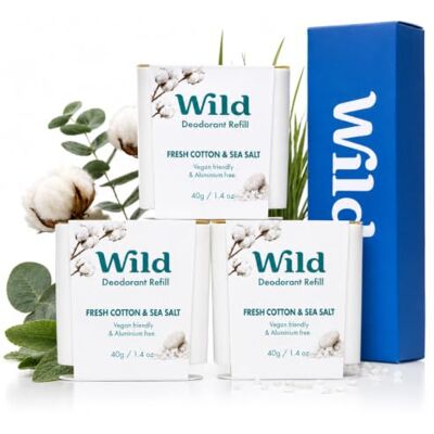 Wild Déodorant Naturel Rechargeable Trio de recharges Fresh Cotton & Sea Salt Sans Aluminium Végan & Ecologique Protection longue durée Ingredients Naturels 3 lots de recharges de 40g - Publicité Wild Déodorant Naturel Rechargeable Trio de recharges Fresh Cotton & Sea Salt Sans Aluminium Végan & Ecologique Protection longue durée Ingredients Naturels 3 lots de recharges de 40g - Publicité