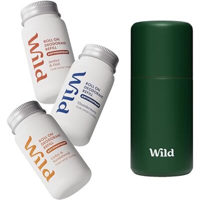 Wild Kit de Déodorant Anti-Transpirant Roll-On Rechargeable pour Hommes Protection 72 heures Étui Vert Forêt avec Recharges Amber & Oud, Thunderstorm and Cedar & Sandalwood 90% Naturel - Publicité Wild Kit de Déodorant Anti-Transpirant Roll-On Rechargeable pour Hommes Protection 72 heures Étui Vert Forêt avec Recharges Amber & Oud, Thunderstorm and Cedar & Sandalwood 90% Naturel - Publicité