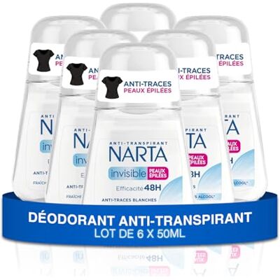 Narta Déodorant Femme Bille Invisible Anti-Transpirant Peaux Epilées Efficacité 48h Anti-Traces Blanches Sans Alcool lot de 6 x 50ml - Publicité Narta Déodorant Femme Bille Invisible Anti-Transpirant Peaux Epilées Efficacité 48h Anti-Traces Blanches Sans Alcool lot de 6 x 50ml - Publicité