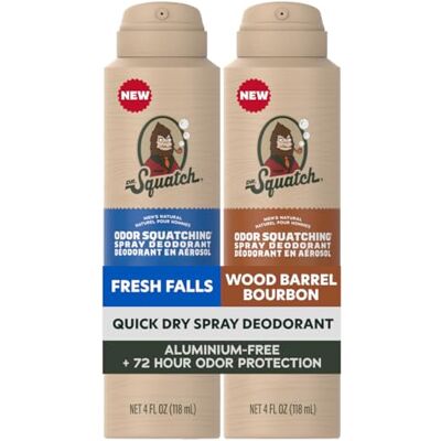 Dr. Squatch Spray Deodorant for Men Quick Dry, No Stains Aluminum Free + Dermatologically Tested for All Skin Types Fresh Falls + Wood Barrel Bourbon (4 oz, 2-Pack) - Publicité Dr. Squatch Spray Deodorant for Men Quick Dry, No Stains Aluminum Free + Dermatologically Tested for All Skin Types Fresh Falls + Wood Barrel Bourbon (4 oz, 2-Pack) - Publicité
