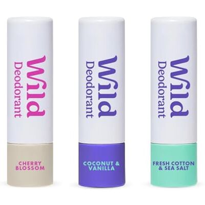 Wild Lot de 3 mini-déodorants aux parfums Fresh Cotton & Sea Salt, Coconut & Vanilla et Cherry Blossom – Format d’essai idéal pour les vacances et les voyages – Sans aluminium ni plastique - Publicité Wild Lot de 3 mini-déodorants aux parfums Fresh Cotton & Sea Salt, Coconut & Vanilla et Cherry Blossom – Format d’essai idéal pour les vacances et les voyages – Sans aluminium ni plastique - Publicité