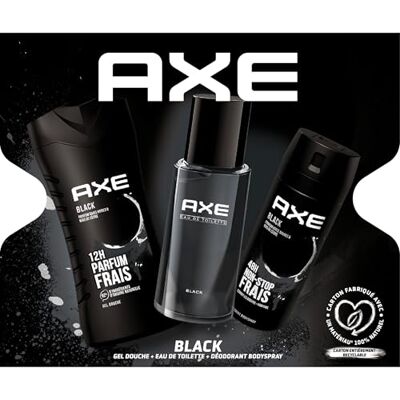 AXE Coffret Black 1 eau de toilette de 100ml + 1 déodorant bodyspray de 200ml + 1 gel douche de 250ml Parfum baies noires & bois de cèdre pendant 48h - Publicité AXE Coffret Black 1 eau de toilette de 100ml + 1 déodorant bodyspray de 200ml + 1 gel douche de 250ml Parfum baies noires & bois de cèdre pendant 48h - Publicité
