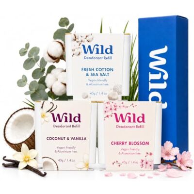 Wild Déodorant Naturel Rechargeable Sans Aluminium Lot Varié de Recharge Comprend Fresh Cotton & Sea Salt, Cherry Blossom et Coconut & Vanilla Protection longue durée - Publicité Wild Déodorant Naturel Rechargeable Sans Aluminium Lot Varié de Recharge Comprend Fresh Cotton & Sea Salt, Cherry Blossom et Coconut & Vanilla Protection longue durée - Publicité